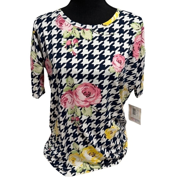LulaRoe Irma Tunic Short Sleeve Houndstooth Roses Yellow Pink Black XXS-XS 00-0 - Picture 1 of 13